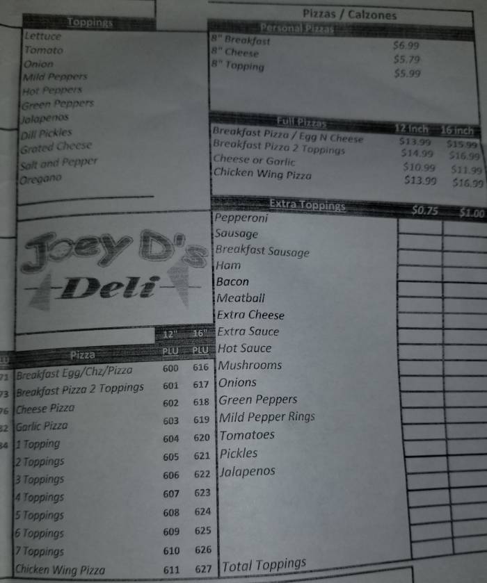 Page 2 of menu, Joey D's Deli Oswego, NY
